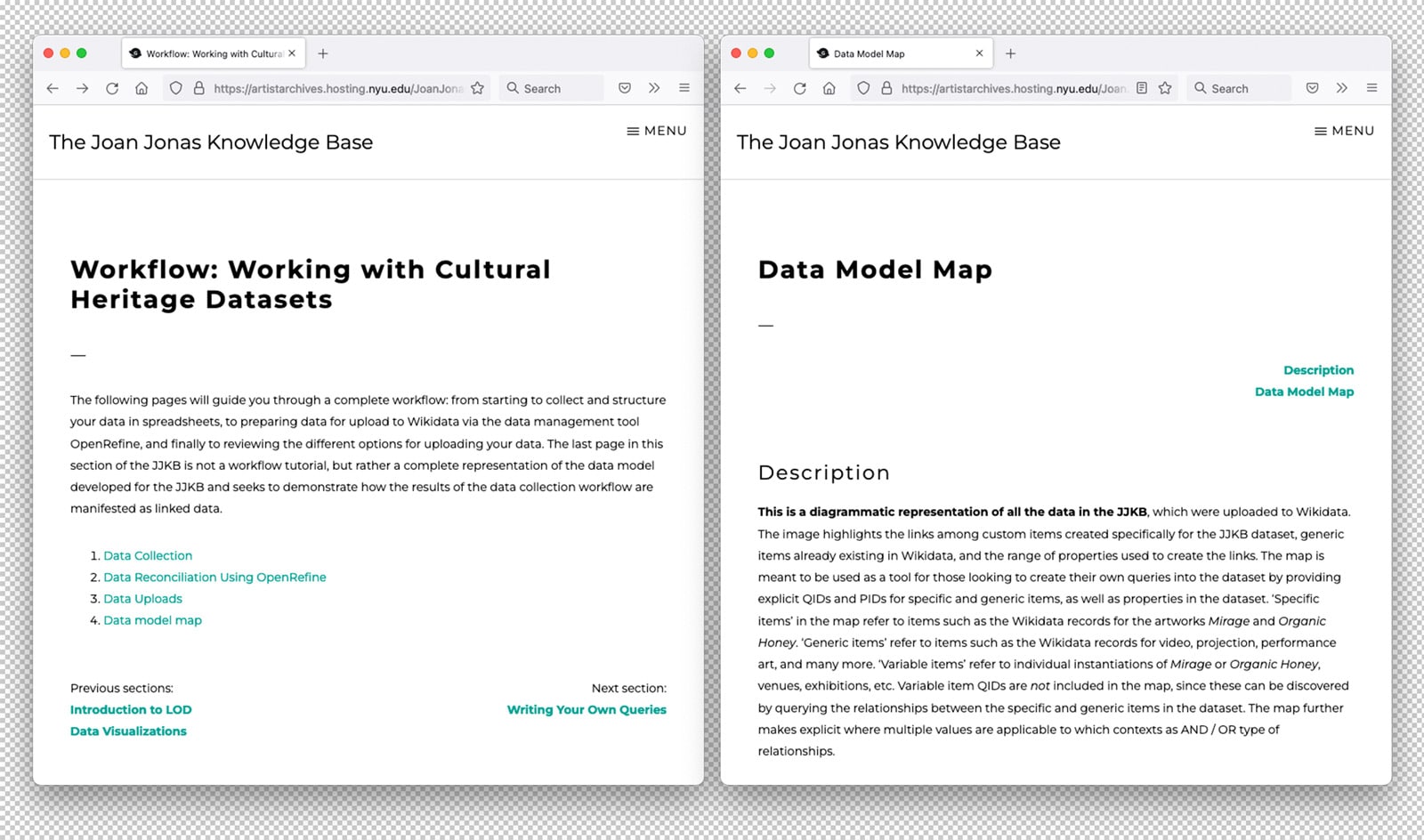 screenshots of the joan jonas knowledge base website focusing on the linked data research